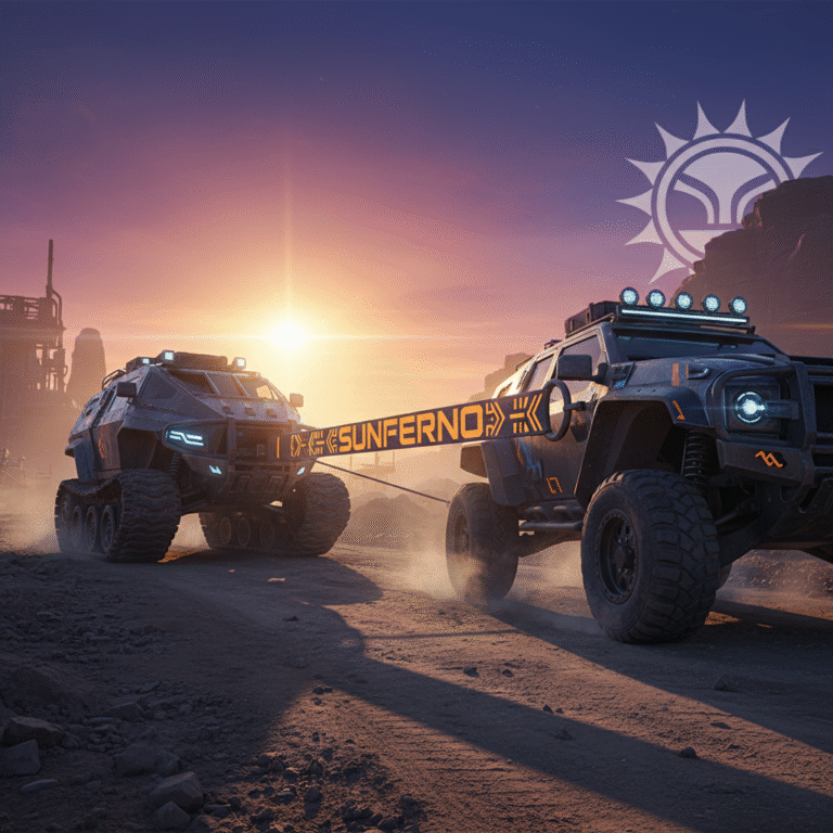Sunferno fire-forged tow strap in action during vehicle recovery operation, showing professional-grade automotive towing equipment
